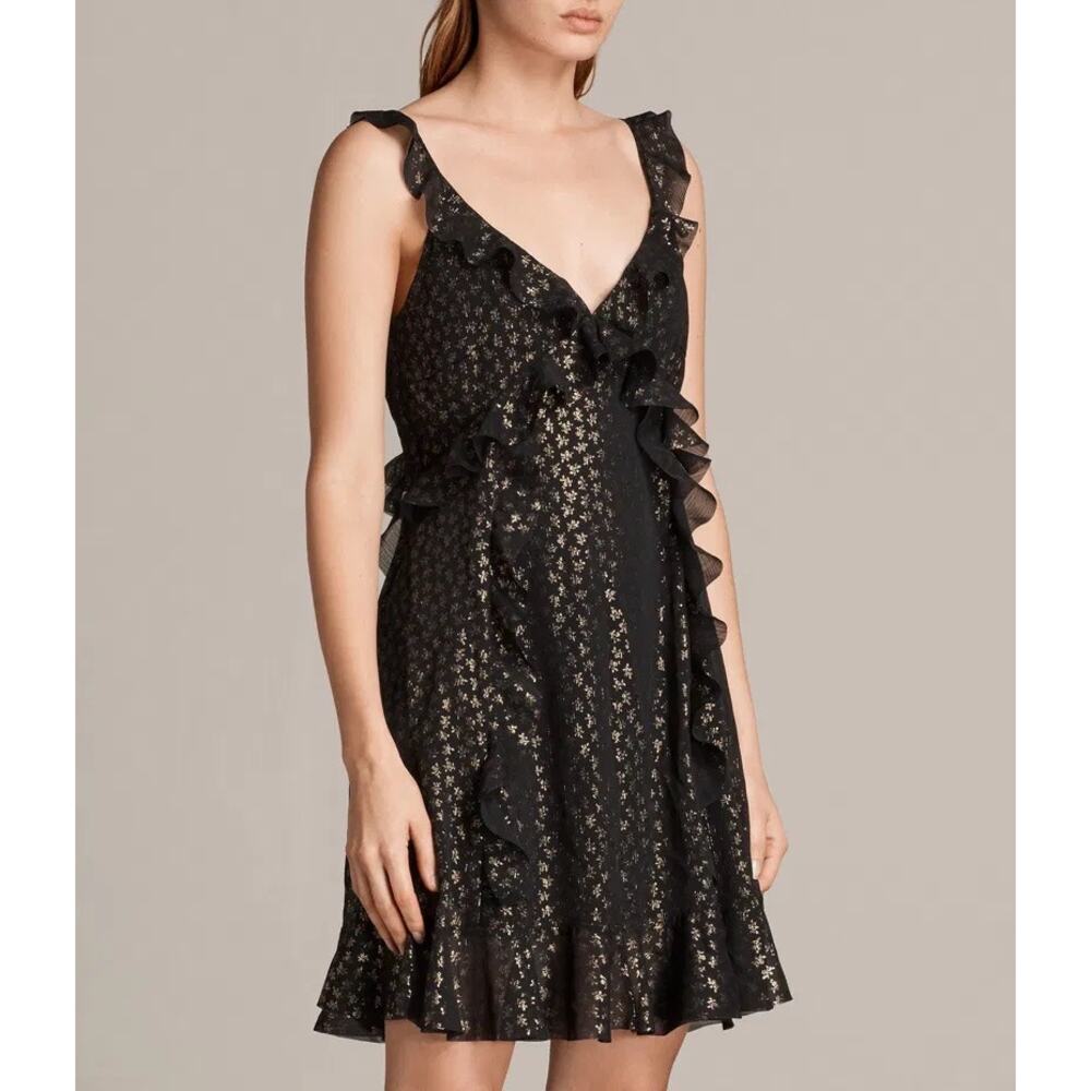All Saints Derrell Black & Gold Ruffle Dress - Picture 2 of 15
